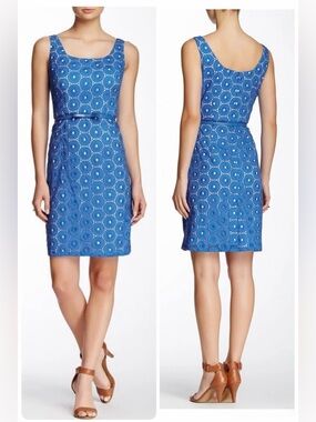 Adrianna Papell Blue Eyelet Sheath Dress